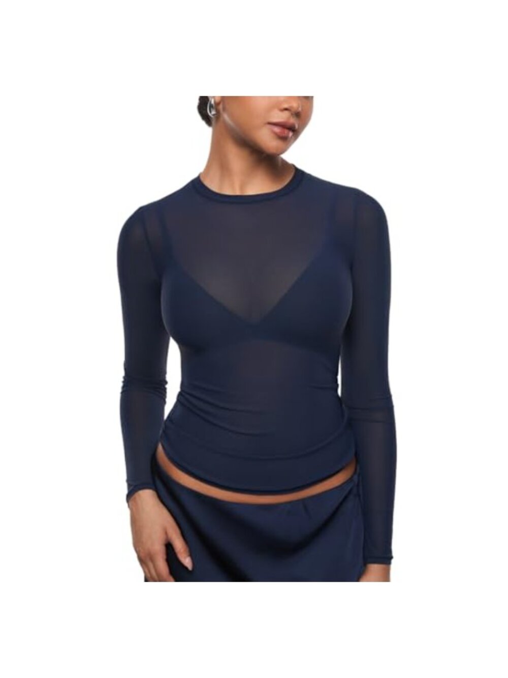Women's Mesh Sheer Long Sleeve Top Slim Fit Crew Neck T-Shirt